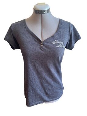 Harley-Davidson Fitted Henley Tee Grey Logo Short Sleeve Casual Biker Y2K Top